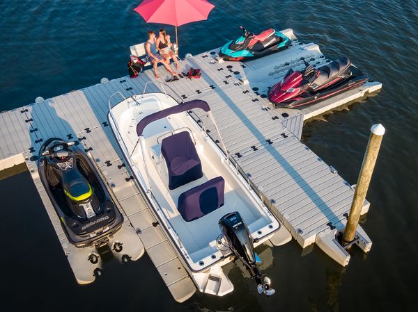 High-quality EZ Dock boat lift ensuring safe and convenient boat storage at East Coast Docks.